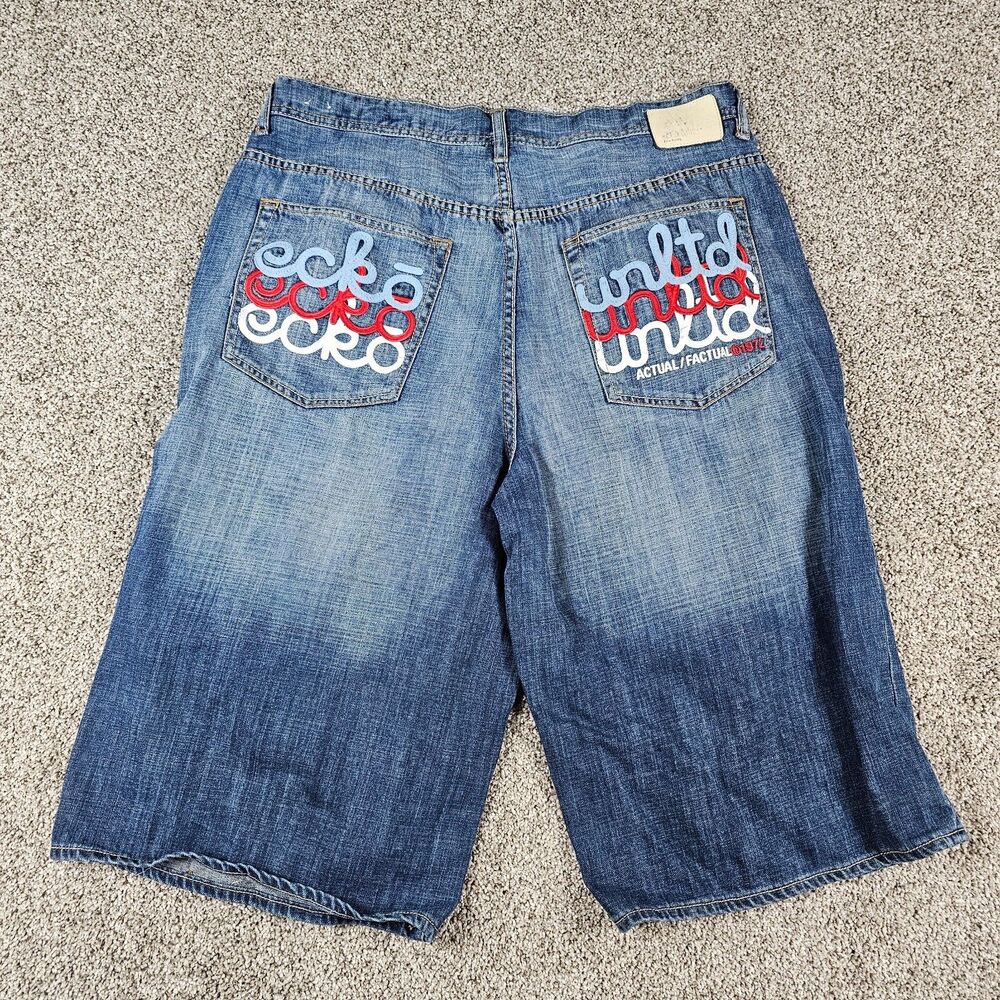 Ecko Unltd Shorts Mens 36 Blue Denim Jorts Y2K Loose Baggy Hip Hop Skater Logo